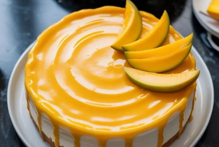 No Bake Mango Cheesecake garnished with fresh mango slices and mint leaves