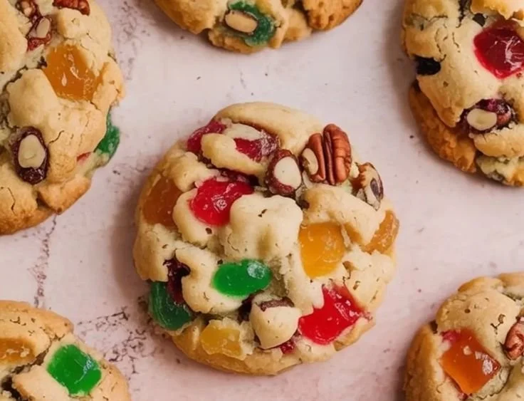 Old-fashioned fruitcake cookies with nuts and dried fruits on a plate