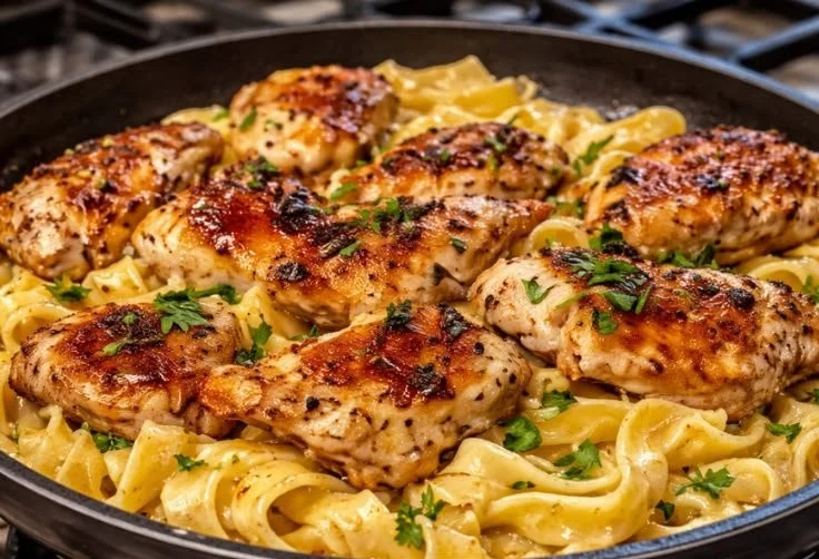 One-Pan Chicken with buttered noodles on a plate, garnished for a tasty meal.