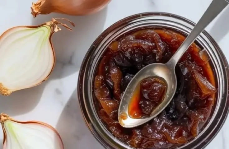 Jar of delicious homemade onion jam on a wooden table