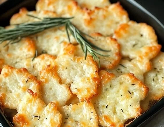 Parmesan and rosemary crackers served on a wooden board