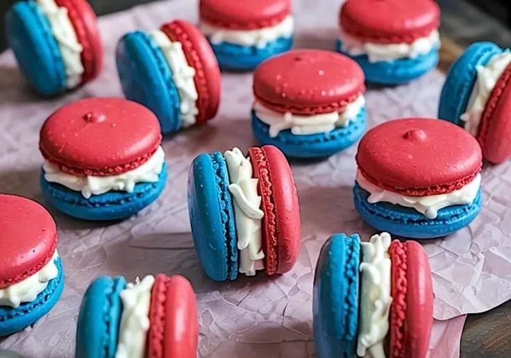 Delicious patriotic macarons in red, white, and blue for festive celebrations