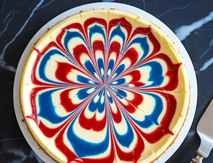 A slice of colorful patriotic swirl cheesecake topped with berries.