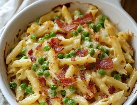 Penne Pasta with Peas and Bacon served in a bowl