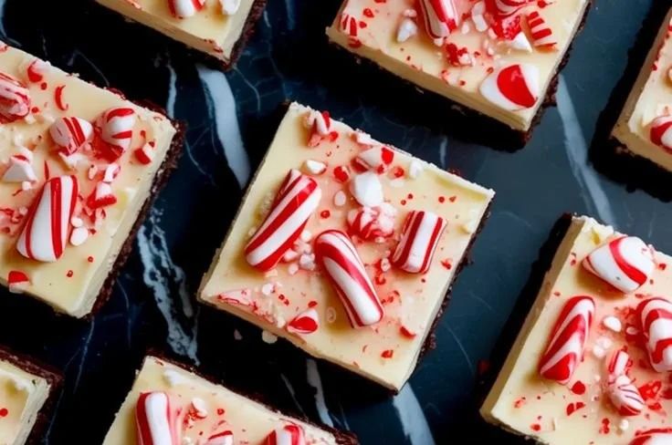 Delicious peppermint bark cheesecake bars topped with chocolate and crushed peppermint.