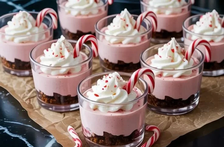 Peppermint cheesecake mousse cups topped with crushed candy canes