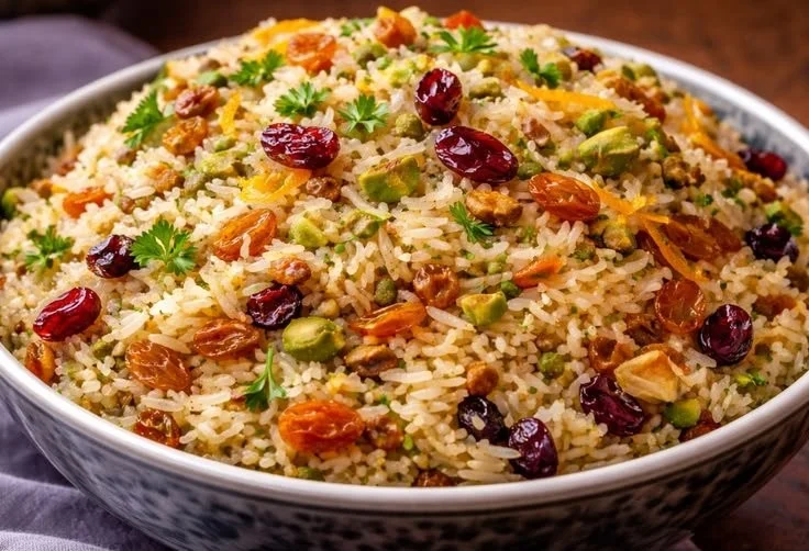 A vibrant dish of Persian Jeweled Rice garnished with nuts and dried fruits