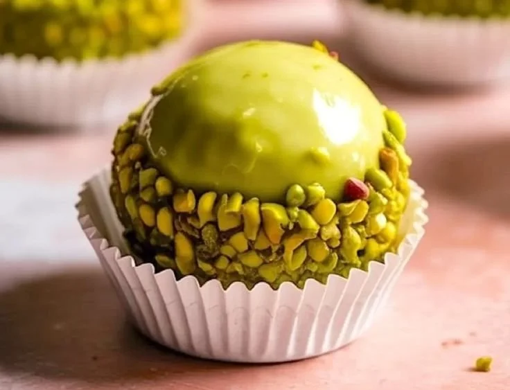 Deliciously crafted Pistachio Brigadeiro dessert on a decorative plate.
