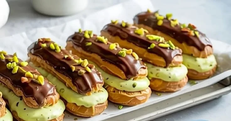 Homemade Pistachio Éclairs filled with creamy pistachio filling