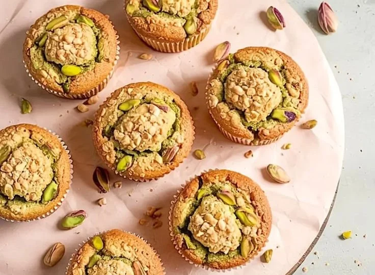 Delicious homemade pistachio muffins fresh out of the oven.