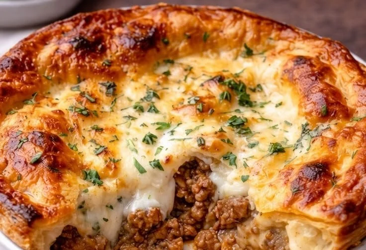 Delicious Pizza Pot Pie filled with cheese, pepperoni, and vegetables in a flaky crust.