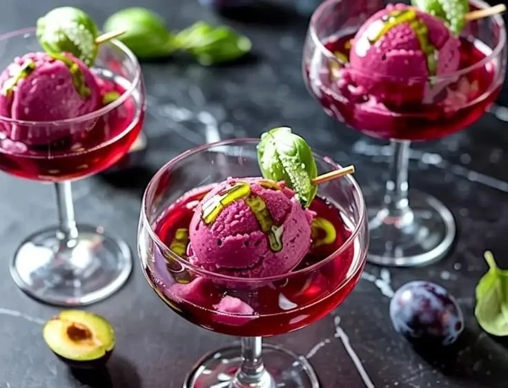 Plum Sorbet served with a drizzle of basil oil