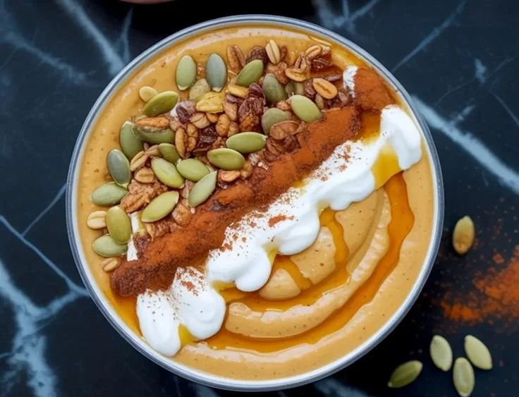 Delicious pumpkin pie smoothie bowl topped with nuts and spices, perfect for fall.