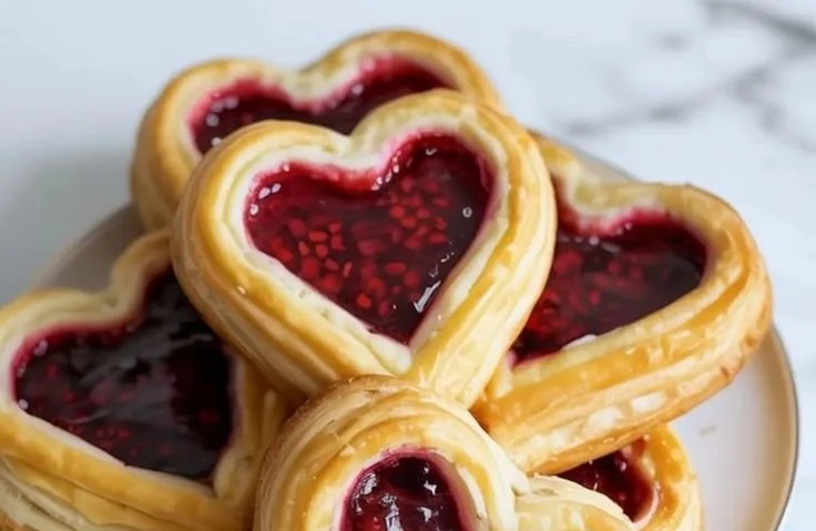Freshly baked Raspberry Heart Danishes on a cooling rack