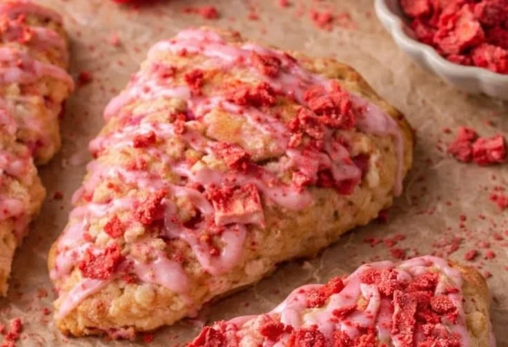Freshly baked raspberry scones with a golden crust and berries