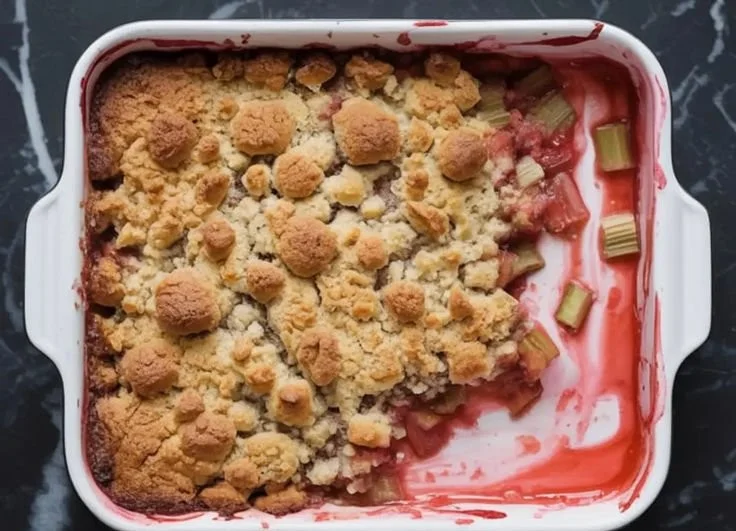 Delicious rhubarb dump cake dessert with a golden crust and vibrant rhubarb filling