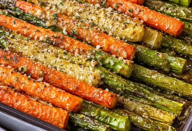 Delicious roasted asparagus and carrots on a serving platter