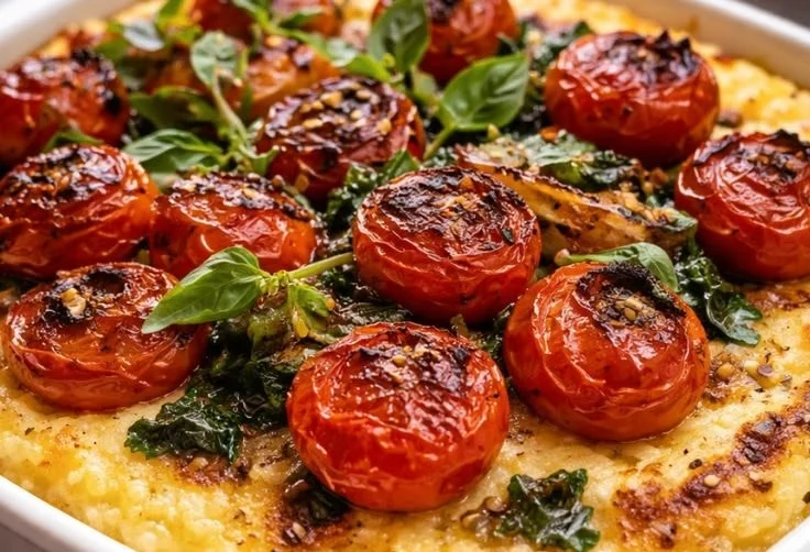 Savory herbed polenta served with roasted tomato bake for a flavorful meal.