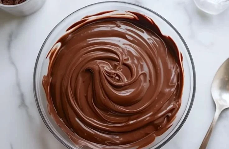 Silky chocolate cake filling drizzled over a rich chocolate cake layer
