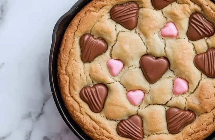 Skillet Chocolate Chip Cookie fresh out of the oven, topped with melted chocolate