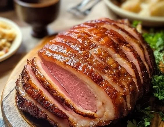 Smoked Sweet Onion Honey-Glazed Ham served on a platter