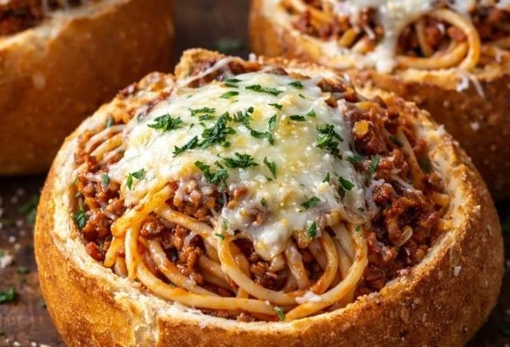 Spaghetti served in garlic bread bowls for a unique dining experience.