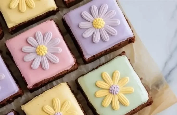 Delicious spring brownies topped with fresh ingredients and seasonal decor
