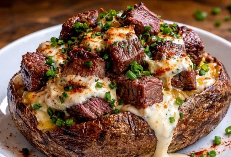 Steak bites served on a loaded baked potato with toppings