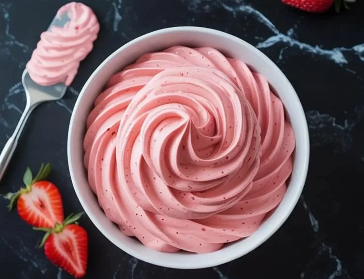 Delicious Strawberry Buttercream Frosting on a freshly baked cupcake.