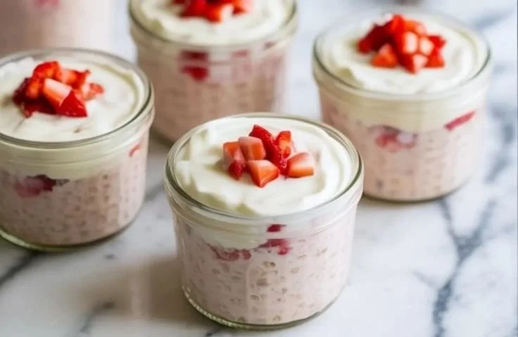 Delicious strawberry cheesecake overnight oats in a glass jar
