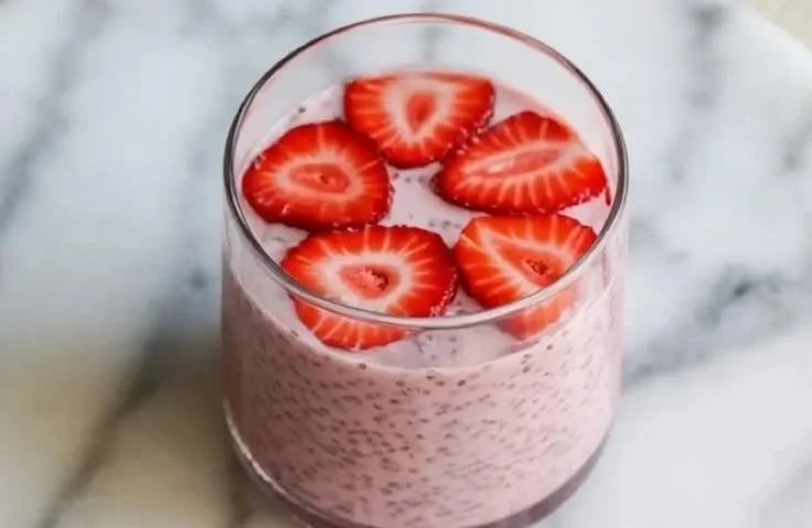 Bowl of strawberry chia seed pudding topped with fresh strawberries and mint