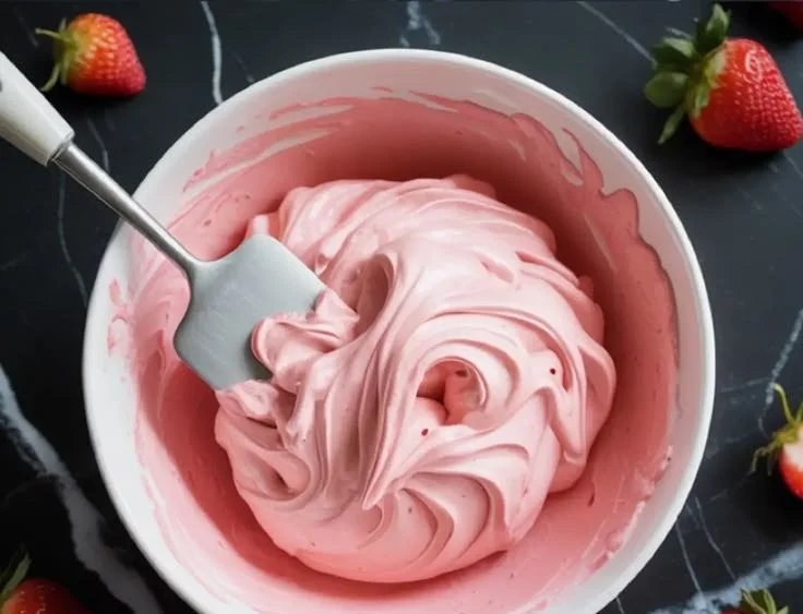 Delicious strawberry cream cheese frosting on a cake slice