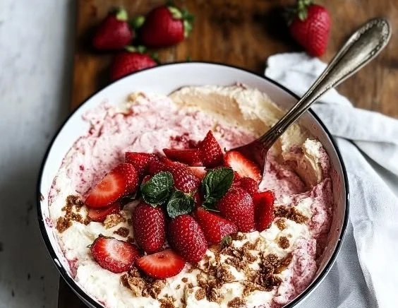 Strawberry mousse with cottage cheese served in a bowl