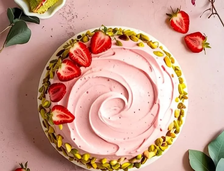 Delicious Strawberry Pistachio Cake with fresh strawberries and pistachios