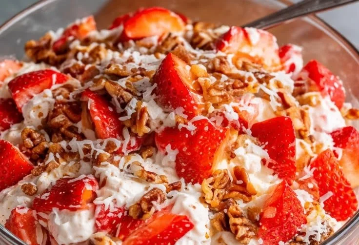 A delicious Strawberry Pretzel Salad served in a glass bowl with strawberries on top.