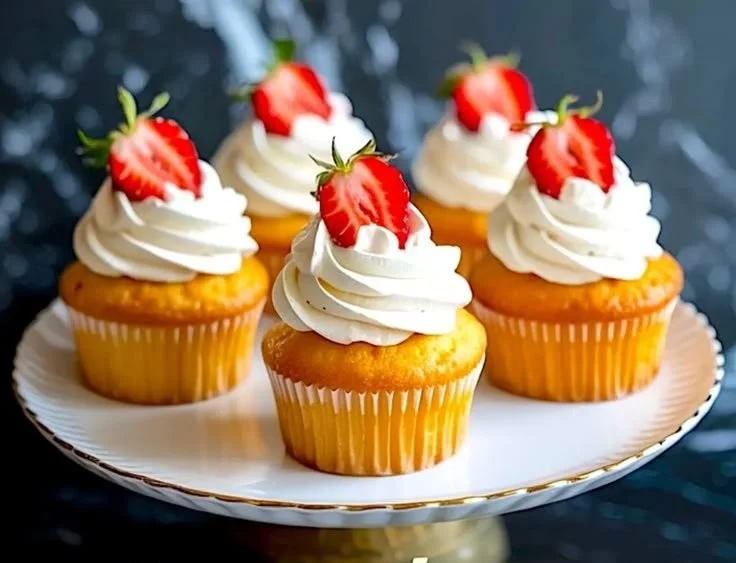 Delicious strawberry shortcake cupcakes topped with fresh strawberries and whipped cream