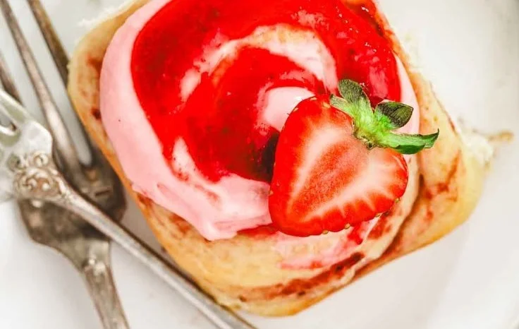 Freshly baked strawberry rolls topped with icing and strawberries