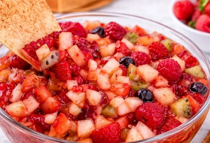 Sweet fruit salsa served with crispy cinnamon sugar tortilla chips