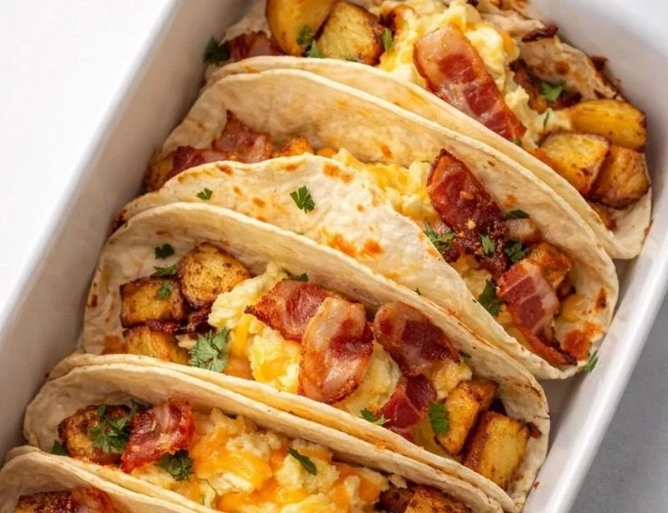 Baked breakfast tacos filled with eggs, cheese, and toppings served on a plate