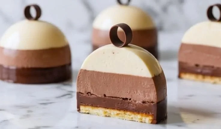 Delicious Triple Chocolate Mousse Domes topped with chocolate shavings and berries.