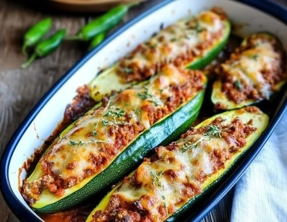 Turkey zucchini boats filled with seasoned turkey and cheese for a healthy meal.