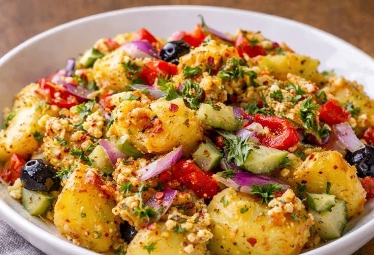 Turkish-style potato salad served in a bowl with fresh herbs and spices