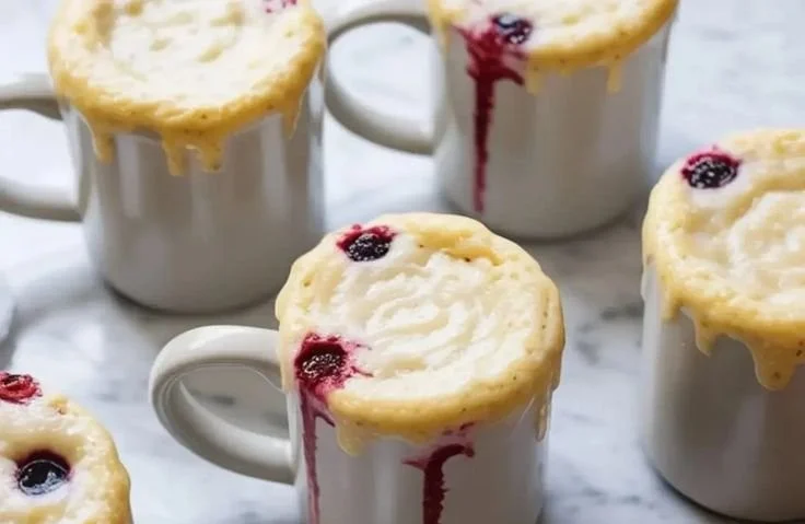 Delicious vanilla protein mug cake in a white mug on a wooden table
