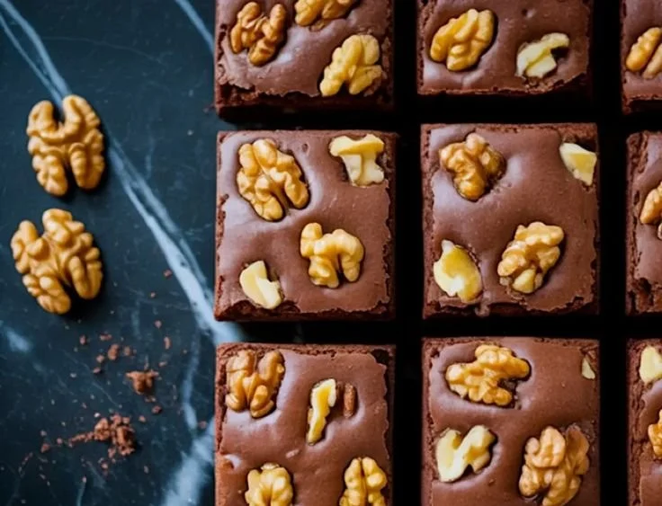 Delicious walnut brownies served on a plate with a sprinkle of walnuts on top.