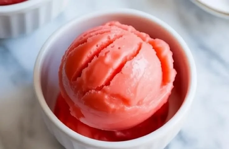 A bowl of vibrant watermelon sorbet garnished with mint leaves