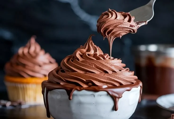 Whipped chocolate frosting spread on a chocolate cake slice.