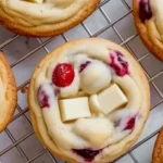 Plate of freshly baked white chocolate cherry cookies