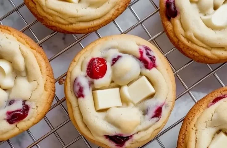 Plate of freshly baked white chocolate cherry cookies