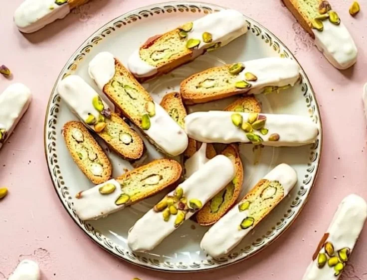 White Chocolate Pistachio Biscotti displayed on a rustic wooden table