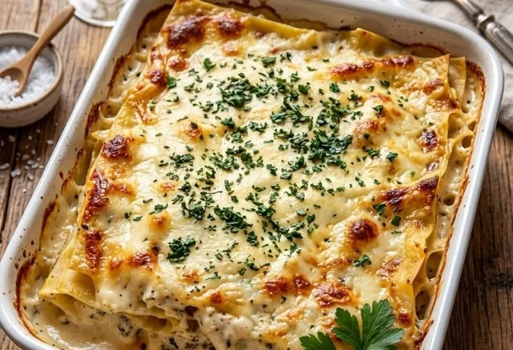 Delicious homemade white lasagna with layers of cheese and béchamel sauce